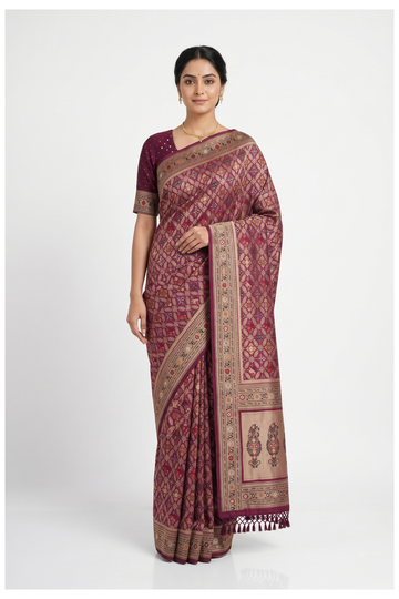 Wine Patola Saree,Banarasi Silk Saree With Hand Work Weaving