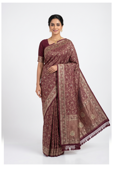 Wine Banarasi Silk Saree With Hand Work Weaving