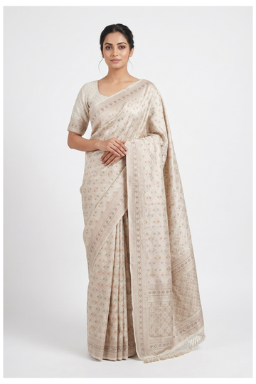 Champagne Banarasi Silk Saree With Hand Work Weaving