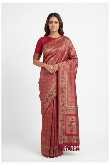 Wine Banarasi Silk Saree With Hand Work Weaving