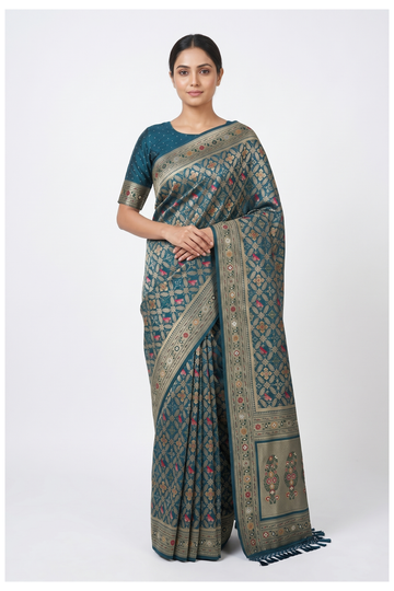 Dark Teal Banarasi Silk Patola Saree With Hand Work Weaving