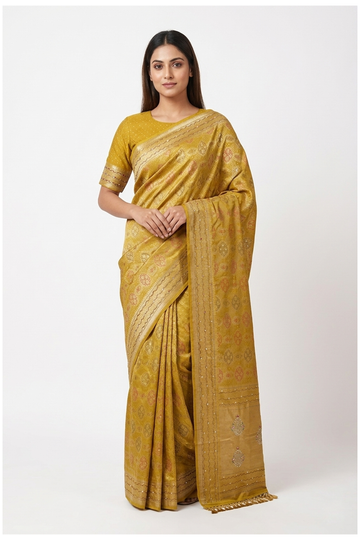 Mustard Yellow Banarasi Silk Saree With Hand Work Weaving