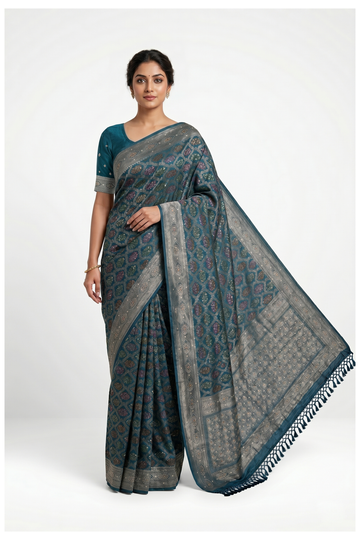 Teal Banarasi Silk Saree With Hand Work Weaving