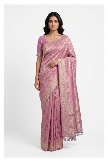 Mauve Banarasi Silk Saree With Hand Work Weaving