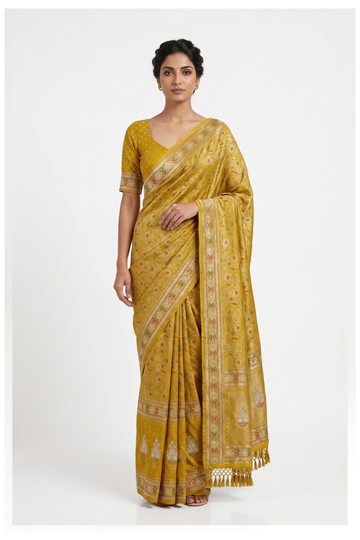 Mustard Gold Banarasi Silk Saree With Hand Work Weaving