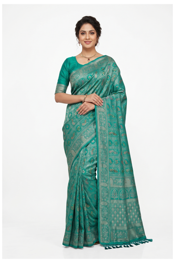 Teal Banarasi Silk Saree With Hand Work Weaving