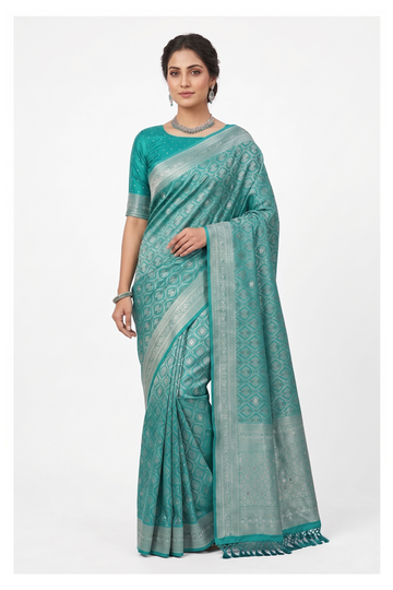 Teal Banarasi Silk Saree With Hand Work Weaving