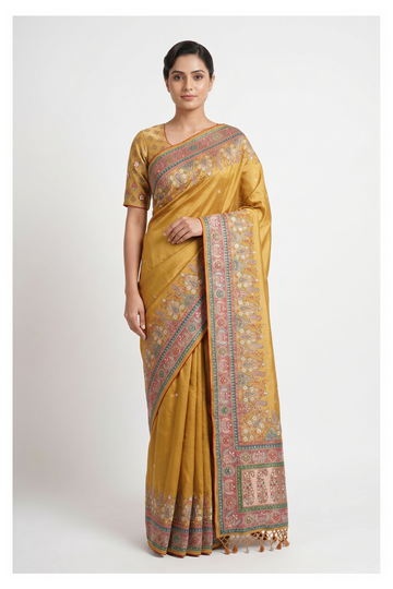 Antique Gold Banarasi Tissue Silk Saree For Parties & Weddings