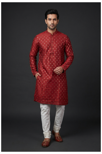 Rust Red Woven Motif Men'S Kurta Set