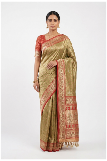 Champagne Gold Banarasi Pure Silk Wedding Party Saree