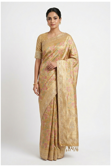 Champagne Banarasi Pure Tissue Silk Wedding & Party Wear Saree