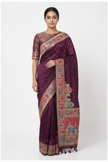 Wine Banarasi Pure Silk Wedding & Party Wear Saree