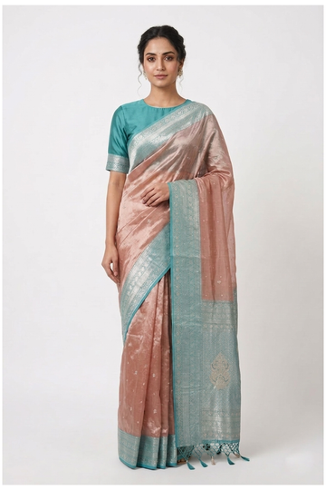 Rose Gold & Teal Pure Tissue South Silk Wedding & Party Wear Saree
