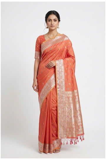 Peach Banarasi Pure Silk Wedding & Party Wear Saree