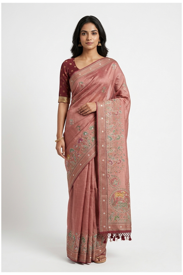 Dusty Pink Banarasi Pure Silk Wedding & Party Wear Saree