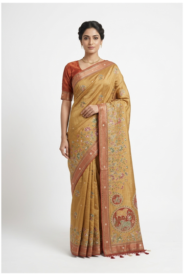 Mustard Banarasi Pure Silk Wedding Party Wear Saree