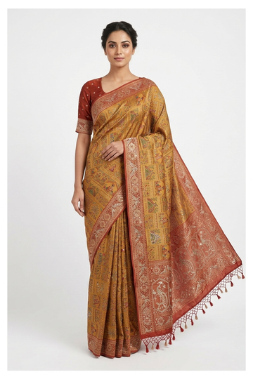 Mustard Pure Silk Banarasi Wedding And Party Saree
