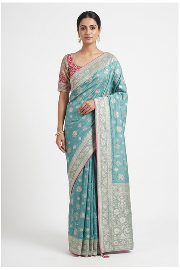 Teal Banarasi Pure Dola Silk Saree For Wedding & Party Wear