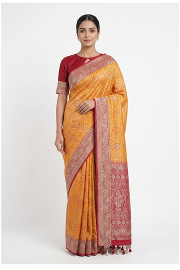 Golden Orange Banarasi Pure Silk Wedding And Party Saree