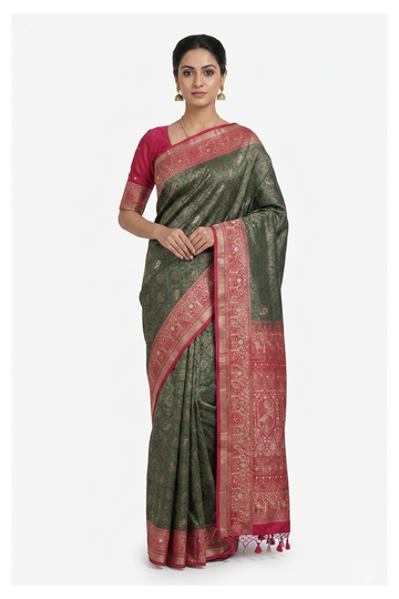 Deep Sage Green South Tissue Silk Wedding Saree