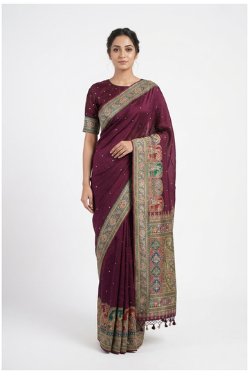 Wine Pure Silk Banarasi Wedding, Party Wear Saree