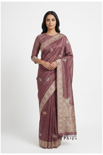 Wine South Silk Tissue Saree For Weddings & Parties
