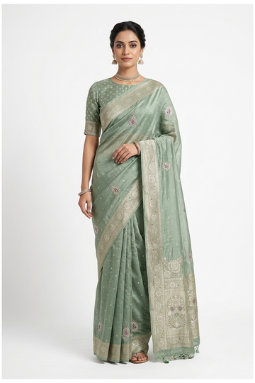 Sage Green Tissue South Silk Wedding Saree