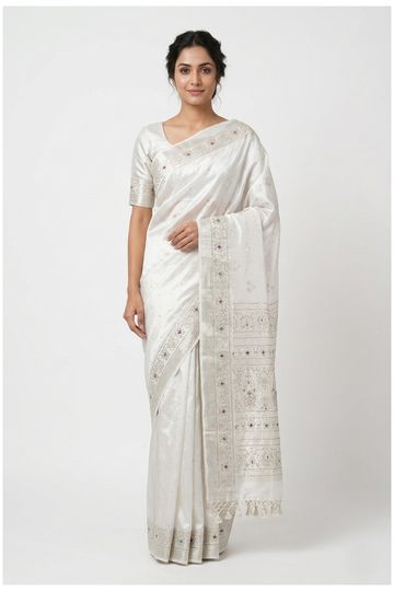 Ivory Banarasi Pure Silk Dola Wedding & Party Wear Saree