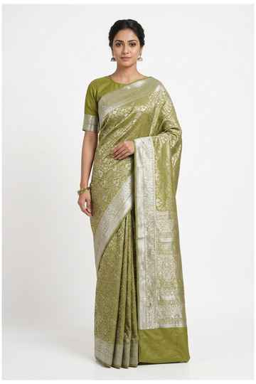 Mehendi Green Banarasi Pure Silk Wedding & Party Wear Saree