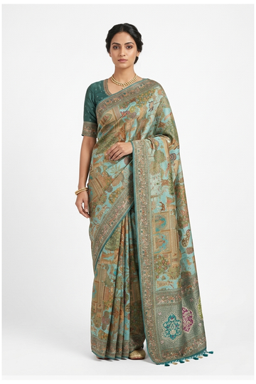 Aquamarine South Silk Tissue Wedding Party Wear Saree