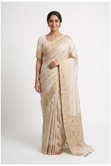 Ivory Banarasi Pure Silk Saree For Wedding & Party Wear