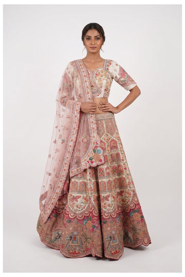 Pastel Pink Heritage Embroidered Lehenga Choli With Net Dupatta
