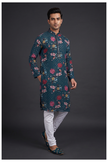 Teal Blue Floral Printed Kurta Set