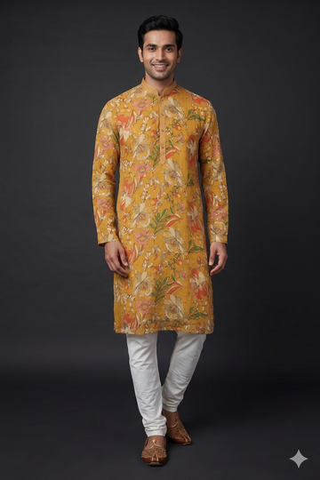 Mustard Floral Printed Kurta Set For Men