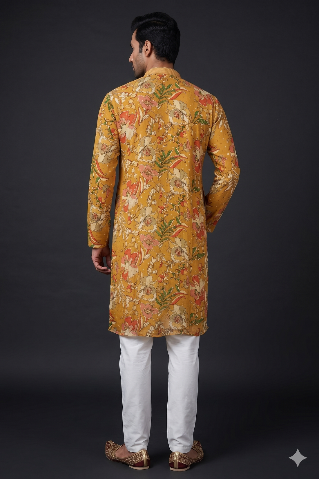Mustard Floral Printed Kurta Set For Men