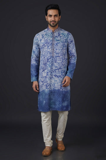 Royal Blue Batik Print Kurta Set For Men