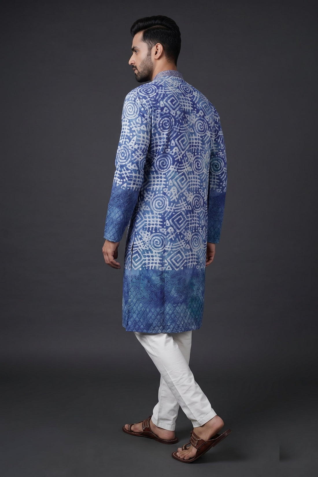 Royal Blue Batik Print Kurta Set For Men