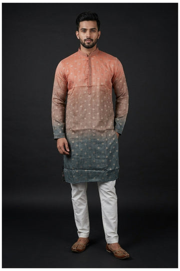 Peach To Teal Ombre Buti Men’S Kurta Set