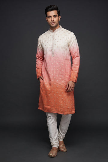 Peach Ombre Woven Kurta Set For Men