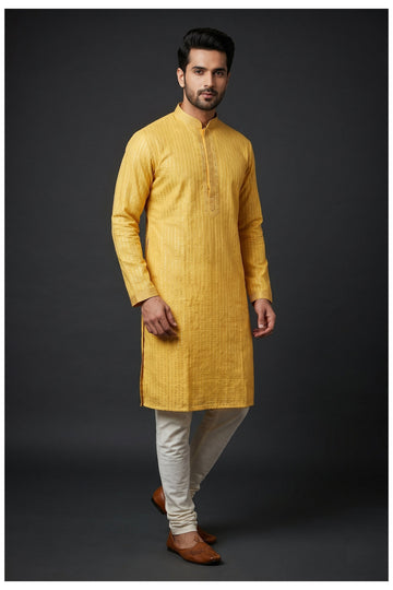 Golden Yellow Dot Pattern Men'S Kurta Set