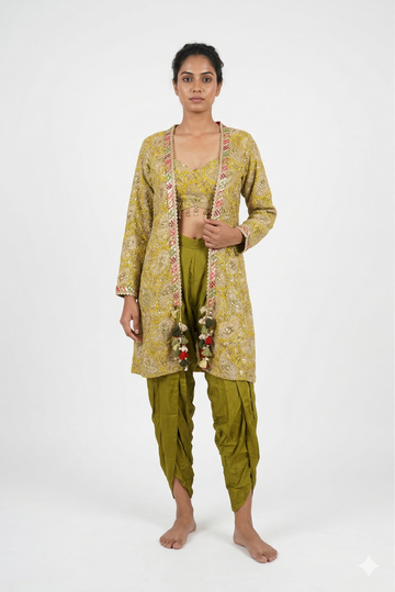 Olive Green Indo-western Dhoti Set With Printed Jacket & Embroidered Blouse