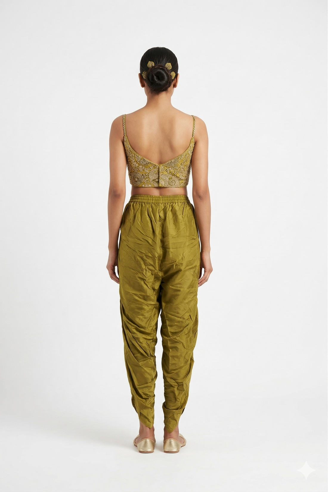 Olive Green Indo-western Dhoti Set With Printed Jacket & Embroidered Blouse