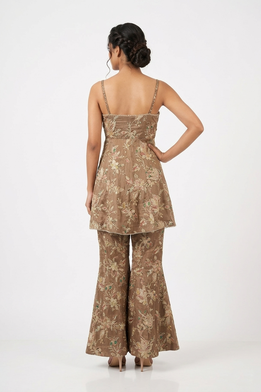 Mocha Gold Floral Embroidered Peplum Set With Flared Pants & Cape Dupatta