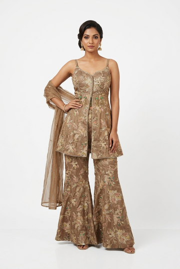 Mocha Gold Floral Embroidered Peplum Set With Flared Pants & Cape Dupatta