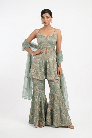 Mint Green Floral Embroidered Peplum Set With Flared Pants & Cape Dupatta