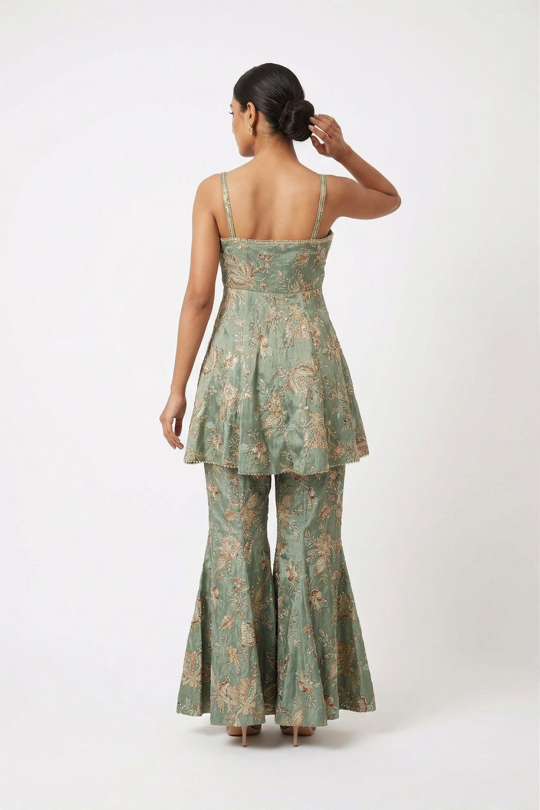 Mint Green Floral Embroidered Peplum Set With Flared Pants & Cape Dupatta