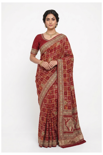 Maroon Gajji Silk Gharchola Wedding Saree