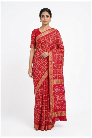 Crimson Red Bandhni Gajji Silk Wedding Saree