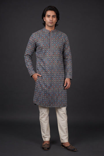 Midnight Mosaic Printed Festive Kurta For Men