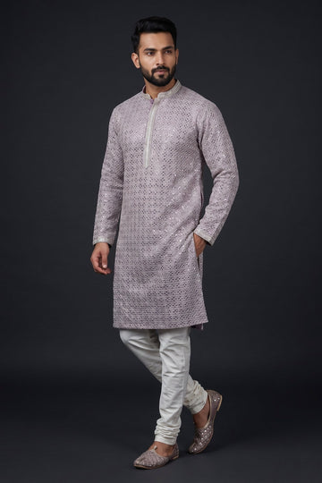 Lavender Shimmer Textured Festive Kurta For Men